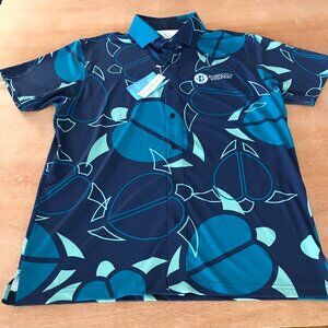 Five Birdies Polo Shirt Men L Blue Turtle Print Button Up Logo UPF 50 Athleisure